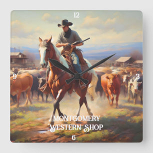 Horloge Carrée Bétail d'élevage de cowboys à cheval