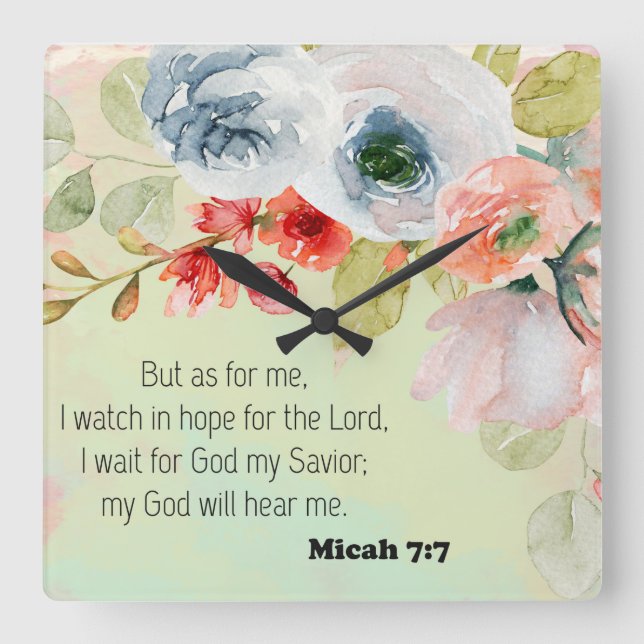 Horloge Carrée Bible Verse Floral Square Wall Clock (Recto)