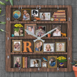Horloge Carrée Bibliothèque d'antiquité de collage de photo de<br><div class="desc">Vous ne trouverez pas une manière plus unique et plus belle de montrer vos souvenirs de famille ou de mariage que ce collage de photo. Cette conception magnifique inclut 15 de vos images personnalisées, fait pour regarder comme ils se reposent dans les cadres sur une bibliothèque en bois antique. Vos...</div>