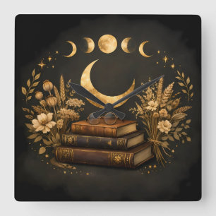 Horloge Carrée Bibliothèque Mystique Dorée & Art Botanique Boho d