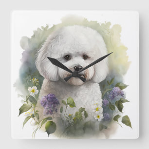 HORLOGE CARRÉE BICHON BLANC ADORABLE CHIEN FRISE AVEC FLEURS