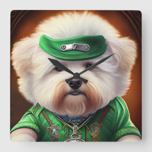 Horloge Carrée Bichon Frisé Chien Conduite Vélo St. Patrick