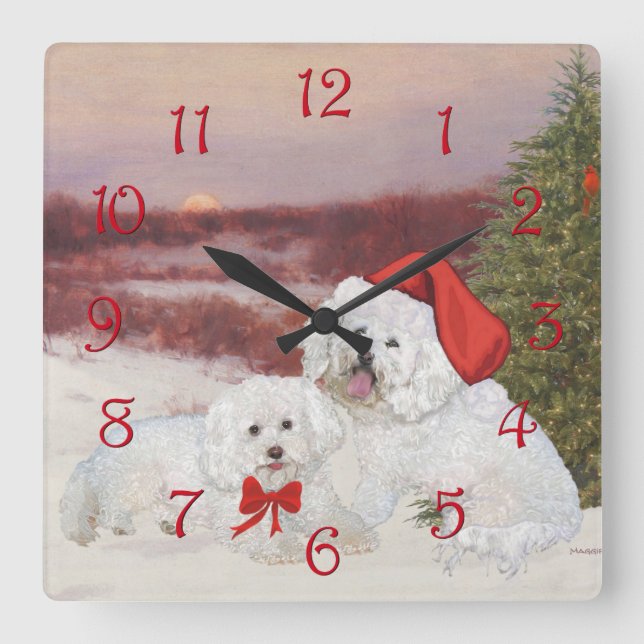 Horloge Carrée Bichon Frise Noël (Recto)