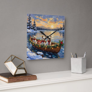 Horloge Carrée Bichon Frise Noël Bateau Fêtes