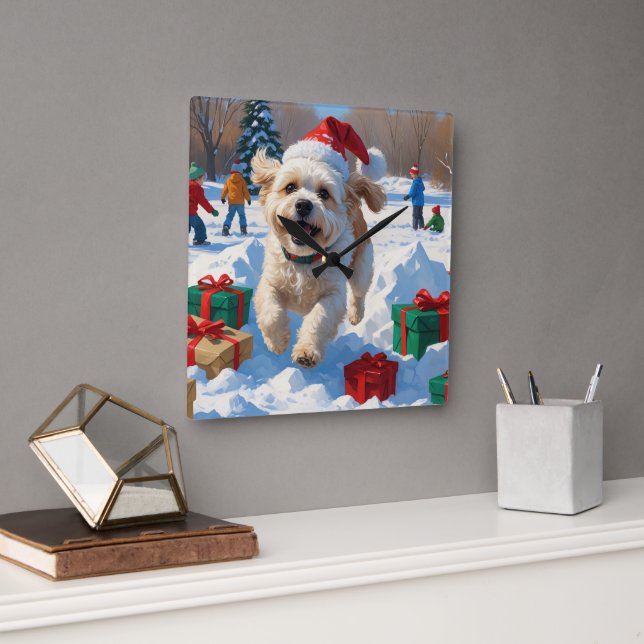Horloge Carrée Bichon Frise Noël Festive Scène de neige (Bureau)