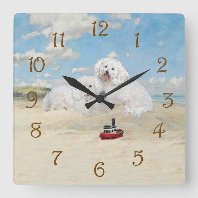 Horloge Carrée Bichons à la plage (Recto)