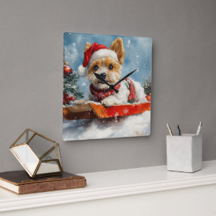 Horloge Carrée Biewer Terrier Chien en Luge Laissez Tomber la Nei