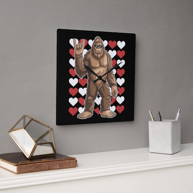 Horloge Carrée Bigfoot Valentines Jour Coeurs Drôle Sasquatch Amo (Bureau)