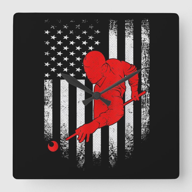 Horloge Carrée Billard Lover | American Flag Billiards Gift (Recto)