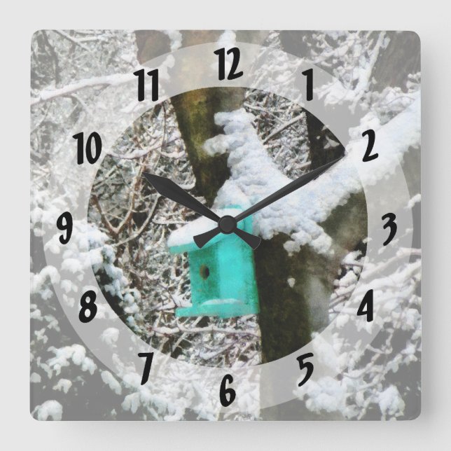 Horloge Carrée Birdhouse Turquoise en hiver (Recto)