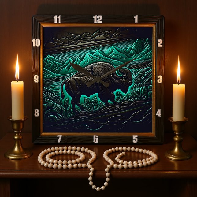 Horloge Carrée Bison Buffalo à outils Bison Turquoise (Créateur téléchargé)
