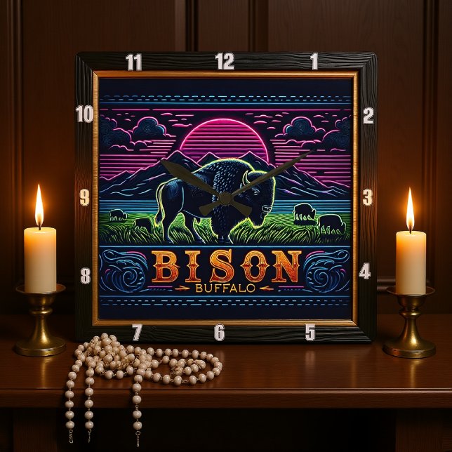 Horloge Carrée Bison Buffalo Neon Bison Sunset (Créateur téléchargé)