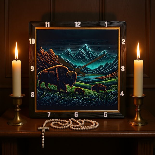 Horloge Carrée Bison Buffalo Night Bison Voyage (Créateur téléchargé)
