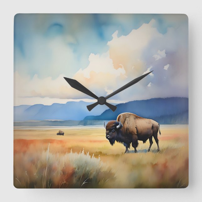 Horloge Carrée Bison dans le pré (Recto)