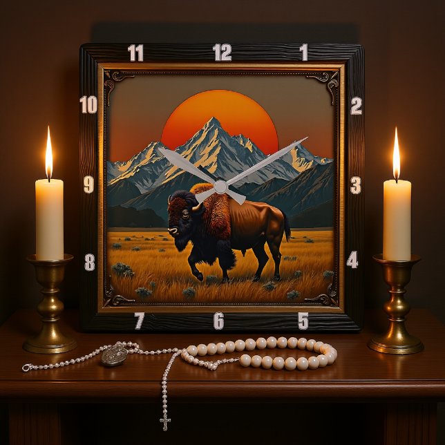 Horloge Carrée Bison de Buffalo au coucher du soleil (Créateur téléchargé)