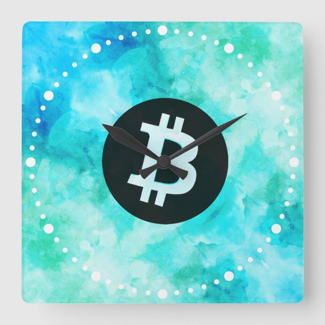 Horloge Carrée Bitcoin Aquarelle (Style 3 - Vie de plage) (Recto)