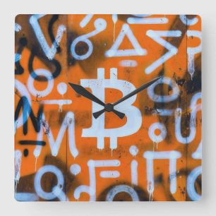 Horloge Carrée "Bitcoin Graffiti" (Style #1) Art de rue