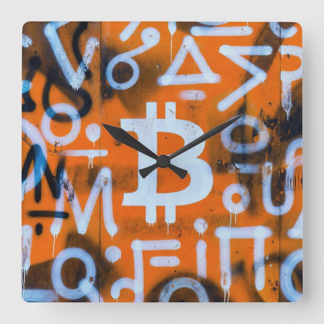 Horloge Carrée "Bitcoin Graffiti" (Style #1) Art de rue (Recto)