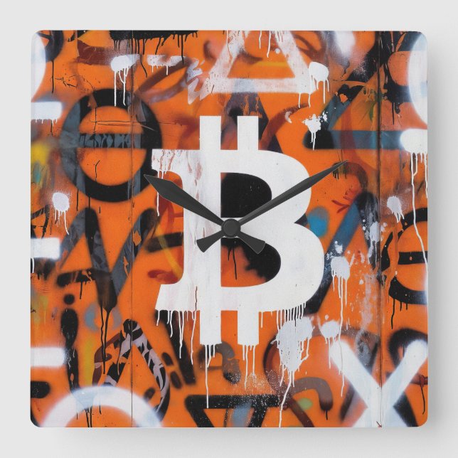 Horloge Carrée "Bitcoin Graffiti" (Style #2) Art de rue (Recto)