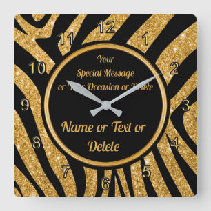 Horloge Carrée Black and Gold, Zebra Print Clock, Personalized
