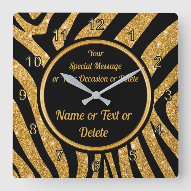 Horloge Carrée Black and Gold, Zebra Print Clock, Personalized (Recto)