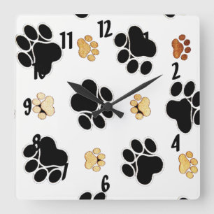 Horloge Carrée Black and tan canine dog paw print white
