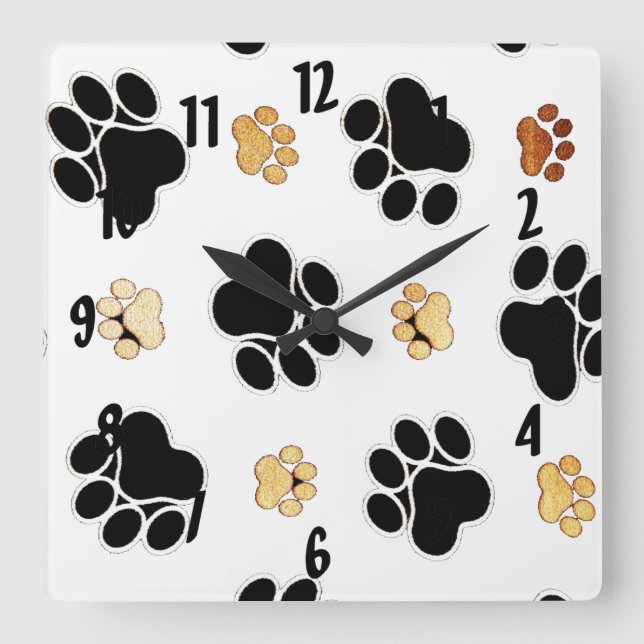 Horloge Carrée Black and tan canine dog paw print white (Recto)