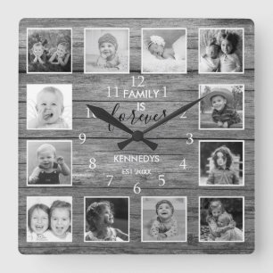 Horloge Carrée Black And White 12 Photo Collage Family Nom Wood 