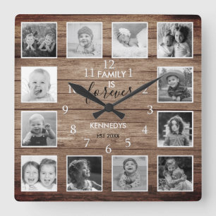 Horloge Carrée Black And White 12 Photo Collage Family Nom Wood