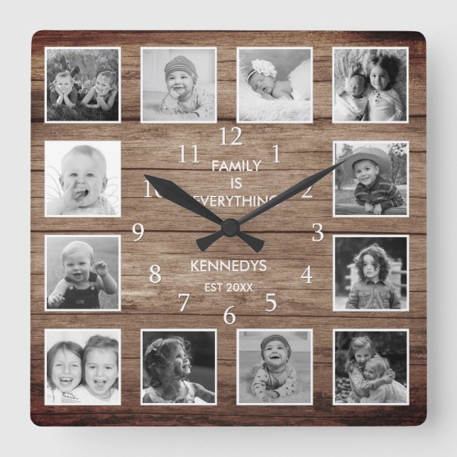 Horloge Carrée Black And White 12 Photo Collage Family Quote Wood (Recto)