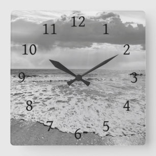 Horloge Carrée Black and White Beach Ocean Photo 194