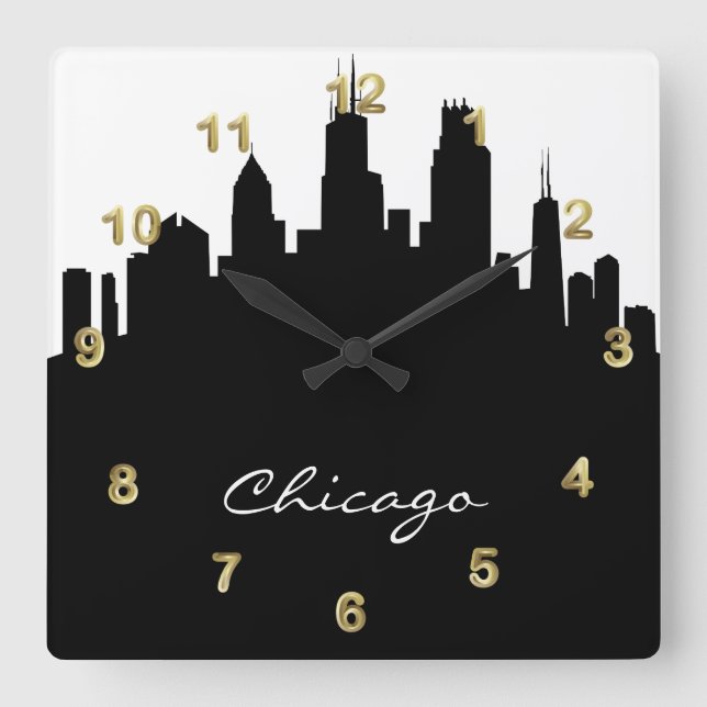 Horloge Carrée Black and White Chicago Skyline (Recto)