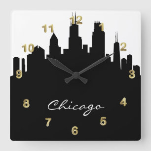 Horloge Carrée Black and White Chicago Skyline