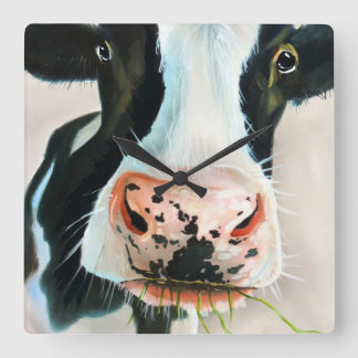 Horloge Carrée Black and white cow face Gordon Bruce art