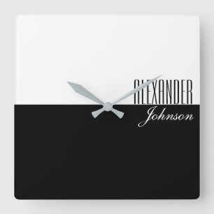 Horloge Carrée Black and White Modern Name Monogram