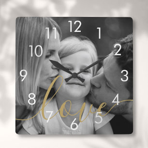 Horloge Carrée Black and White Photo Gold Script Love