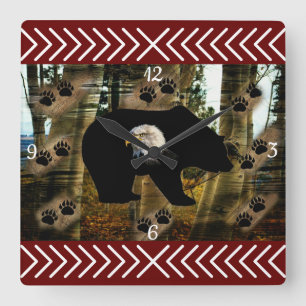 Horloge Carrée Black Bear Bald Eagle Bear Paw Prints Wilderness