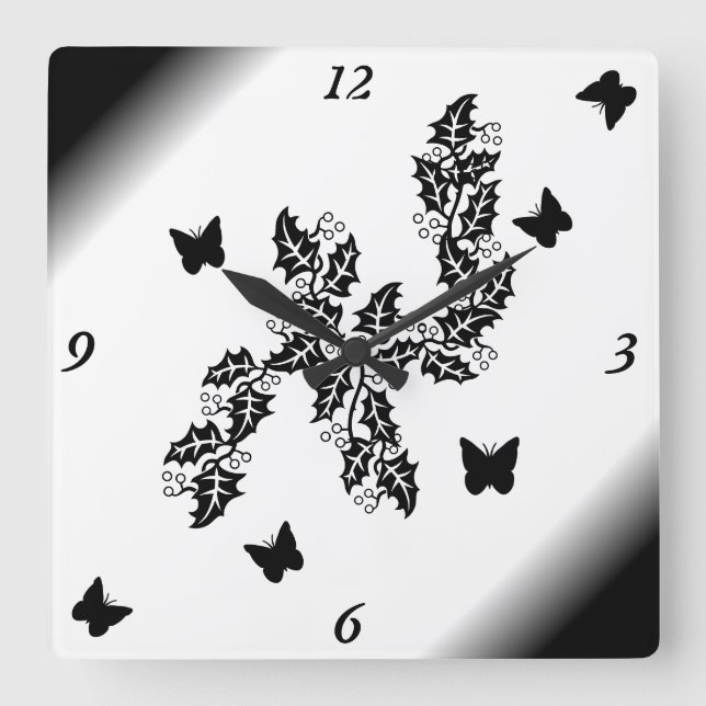 Horloge Carrée Black Butterfly on black and white (Recto)