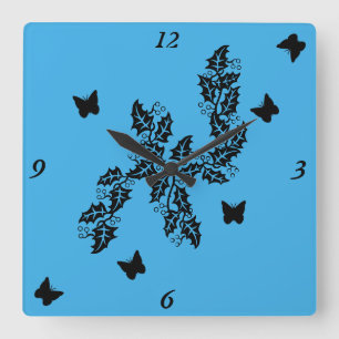 Horloge Carrée Black Butterfly on Blue