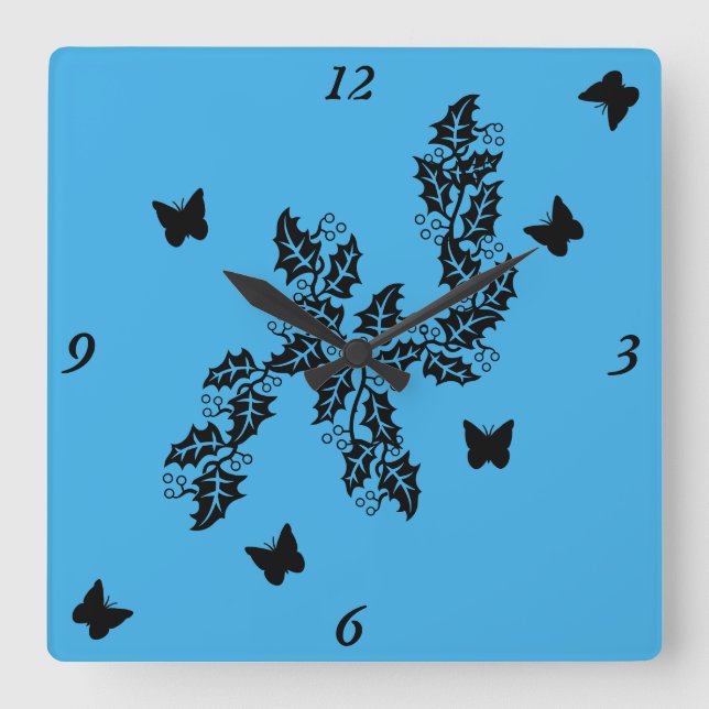 Horloge Carrée Black Butterfly on Blue (Recto)