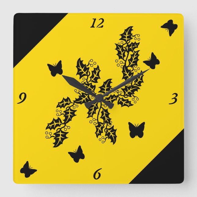 Horloge Carrée black Butterfly on  Yellow (Recto)
