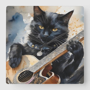Horloge Carrée Black Cat Rock Star Jouer Guitare Acoustique