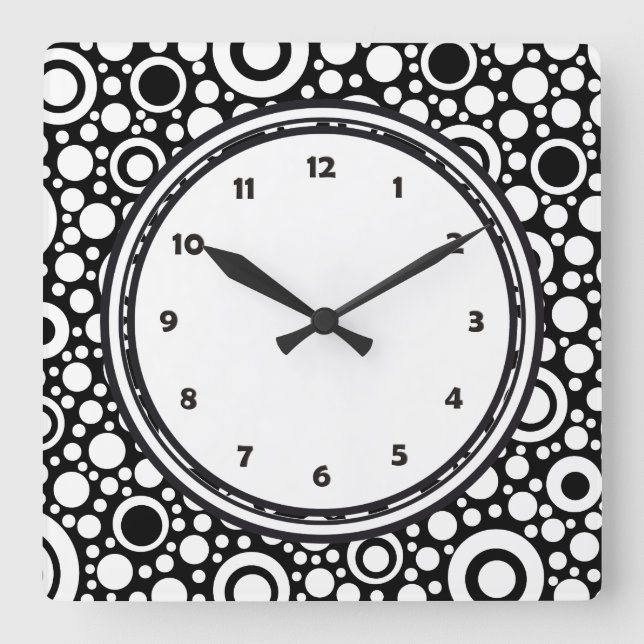 Horloge Carrée Black Dots & Circles Grid + your backgr. & (Recto)