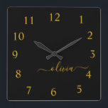 Horloge Carrée Black Gold Script Monogram Girly<br><div class="desc">Gold and Black Script Monogram Clock This makes the perfect sweet 16 birthday,  wedding,  bridal shower,  anniversary,  baby shower or bachelorette party gift for someone that loves glam luxury and chic styles.</div>