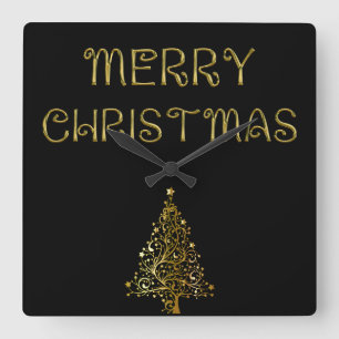 Horloge Carrée Black Gold Stars Christmas Tree Elegant Wall Clock