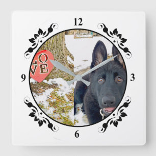 Horloge Carrée Black GSD Puppy & Love Heart Square Wall Clock