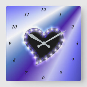 Horloge Carrée Black Heart with Stars on Pink Purple Rainbow