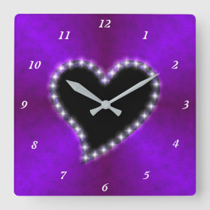 Horloge Carrée Black Heart with Stars on Pink Purple Rainbow