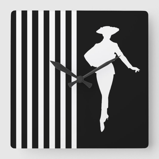 Horloge Carrée Black Modern Stripes avec Silhouette de mode (Recto)