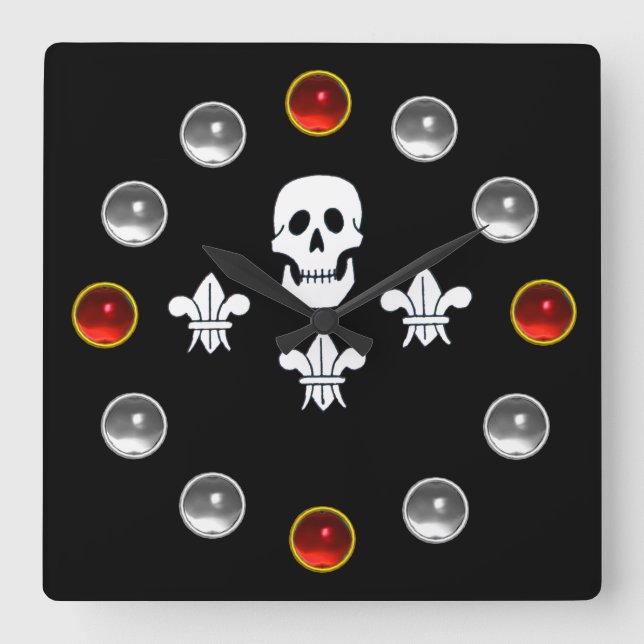 HORLOGE CARRÉE BLACK PIRATE FLAG JOLLY ROGER SKULL,THREE LILIES (Recto)